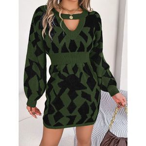 Green And Black Cutout Long Sleeve Sweater Dress